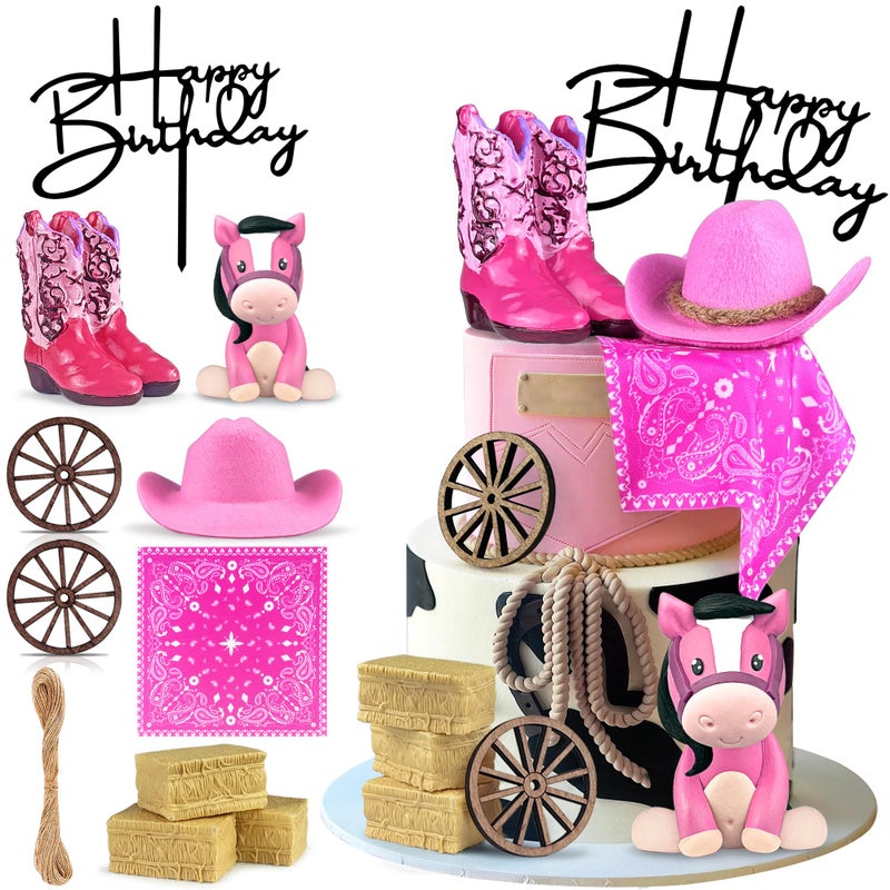 KEEPARTY Cowgirl Cake Decorations Cowgirl Hat and Boot Cake Toppers Western Cowgirl Birthday Baby Shower for Western Theme Party Favors Supplies (Pink) - Image 1