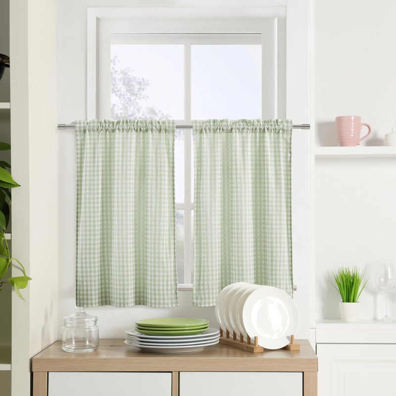 ZJDECOR Sage Green White Buffalo Plaid Kitchen Curtains 36 Inches Length,Crinkled Not-See-Through Sheer Tier Cafe Curtains,Farmhouse Window Treatment for Living Room,Rod Pocket,26" Wx36 L(Pack of 2) - Image 1