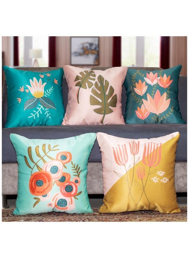 Vendola Decorative Satin 250TC Sofa Cushion Pillow Covers, Multicolor, Set of 5 Floral Cushion Covers(Maples,16x16 Inches) - Image 1