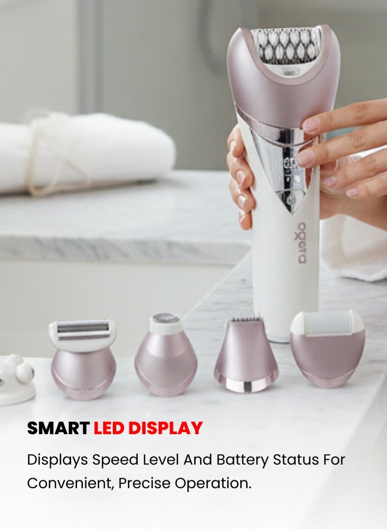 أوجيرا طقم العناية للسيدات 7 في 1 – جهاز إزالة الشعر والعناية بالجمال متعدد الوظائف قابل لإعادة الشحن مع رأس إزالة الشعر، ماكينة حلاقة، فرشاة للوجه، مزيل للجلد الميت ورؤوس للتدليك، للاستخدام الجاف والرطب، شاشة LED – موديل OG2620LSE - Image 3