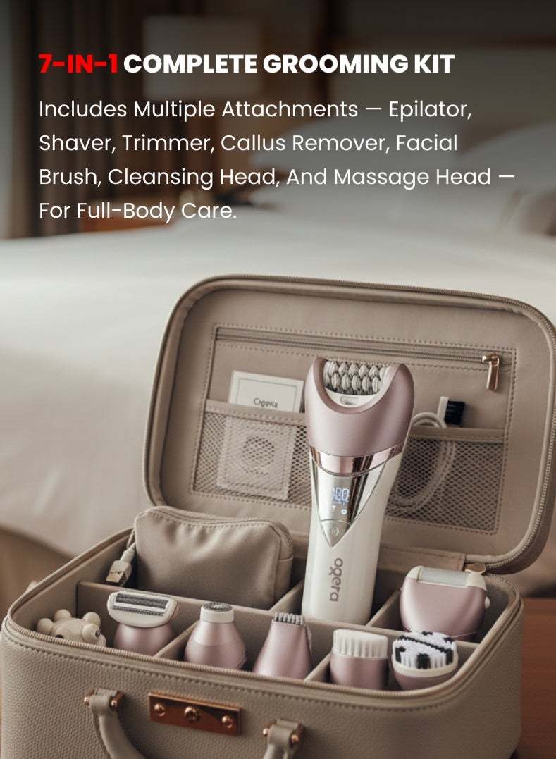 أوجيرا طقم العناية للسيدات 7 في 1 – جهاز إزالة الشعر والعناية بالجمال متعدد الوظائف قابل لإعادة الشحن مع رأس إزالة الشعر، ماكينة حلاقة، فرشاة للوجه، مزيل للجلد الميت ورؤوس للتدليك، للاستخدام الجاف والرطب، شاشة LED – موديل OG2620LSE - Image 2