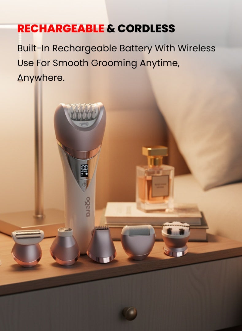 أوجيرا طقم العناية للسيدات 7 في 1 – جهاز إزالة الشعر والعناية بالجمال متعدد الوظائف قابل لإعادة الشحن مع رأس إزالة الشعر، ماكينة حلاقة، فرشاة للوجه، مزيل للجلد الميت ورؤوس للتدليك، للاستخدام الجاف والرطب، شاشة LED – موديل OG2620LSE - Image 4