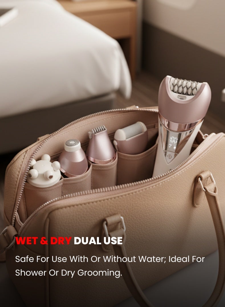 أوجيرا طقم العناية للسيدات 7 في 1 – جهاز إزالة الشعر والعناية بالجمال متعدد الوظائف قابل لإعادة الشحن مع رأس إزالة الشعر، ماكينة حلاقة، فرشاة للوجه، مزيل للجلد الميت ورؤوس للتدليك، للاستخدام الجاف والرطب، شاشة LED – موديل OG2620LSE - Image 5