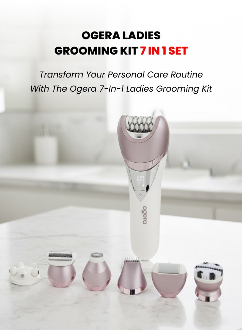 أوجيرا طقم العناية للسيدات 7 في 1 – جهاز إزالة الشعر والعناية بالجمال متعدد الوظائف قابل لإعادة الشحن مع رأس إزالة الشعر، ماكينة حلاقة، فرشاة للوجه، مزيل للجلد الميت ورؤوس للتدليك، للاستخدام الجاف والرطب، شاشة LED – موديل OG2620LSE - Image 1