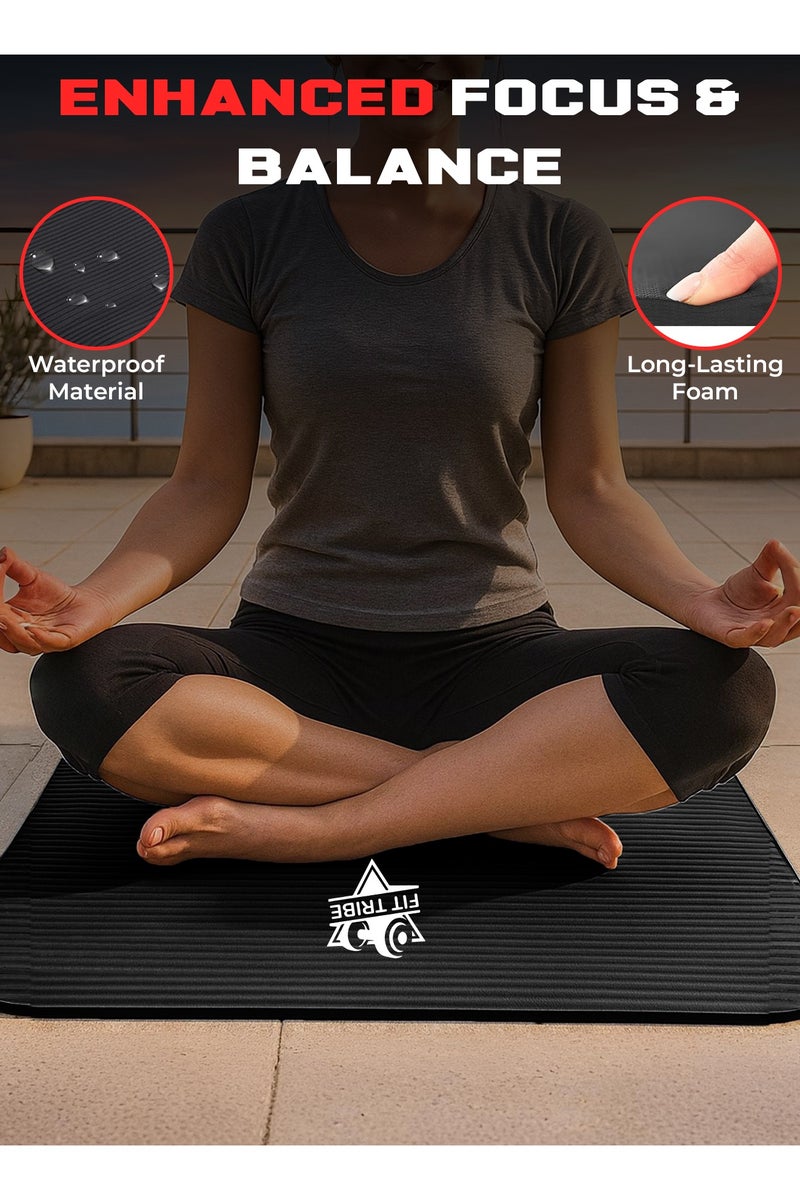 FIT TRIBE Yoga Mat Non Slip for Women & Men, Thick NBR Exercise Mat for Yoga, Pilates, Stretching & Home Workouts, High Density Anti-Slip Workout Mat, Durable Gym Floor Fitness Mat (Black) - Image 2
