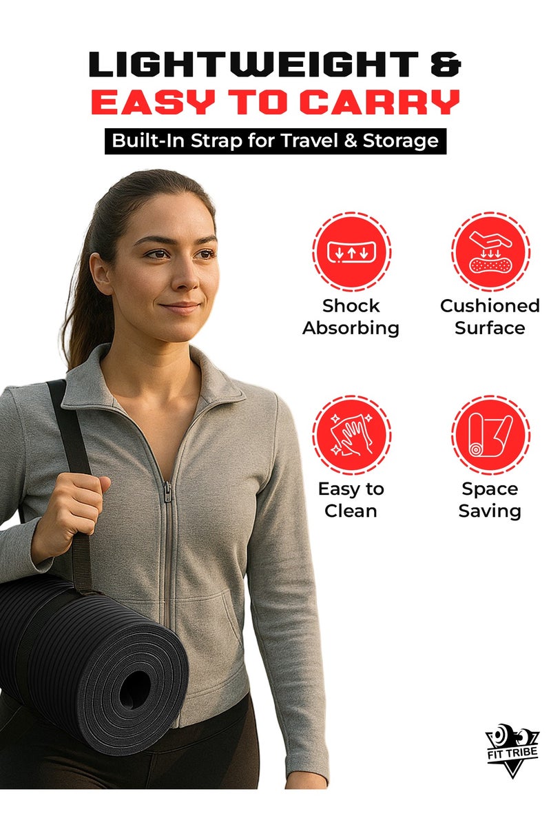 FIT TRIBE Yoga Mat Non Slip for Women & Men, Thick NBR Exercise Mat for Yoga, Pilates, Stretching & Home Workouts, High Density Anti-Slip Workout Mat, Durable Gym Floor Fitness Mat (Black) - Image 3