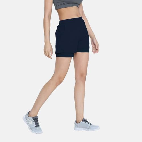 CHKOKKO Double Layered Sports Gym Workout Running Shorts for Women Blue M - Image 3