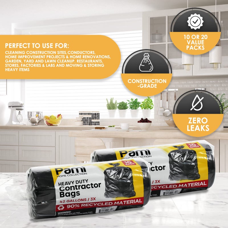 PAMI Heavy Duty 42 Gallon Construction Bags, Tear-Resistant Contractor Garbage Bags for Yard Waste Cleanup (10 Count, Black) - Image 5