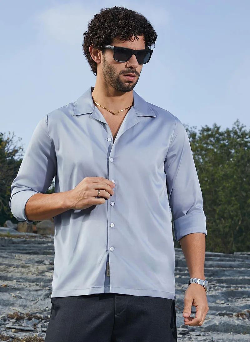 Campus Sutra Men's Flint Grey Solid Cuban Shirt