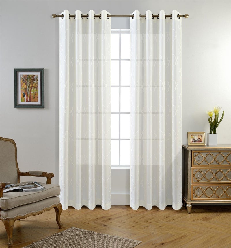 MIUCO Moroccan Embroidered Semi Sheer Curtains Faux Linen Grommet Curtains for Girls Room 52 x 84 Inch Set of 2, Off White - Image 2