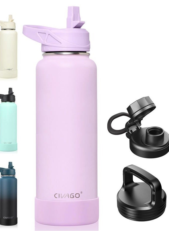 CIVAGO 40 oz Insulated Water Bottle With Straw, Stainless Steel Sports Water Flask Cup with 3 Lids (Straw, Spout and Handle Lid), Double Walled Travel Thermal Canteen Mug, Lavender - Image 1