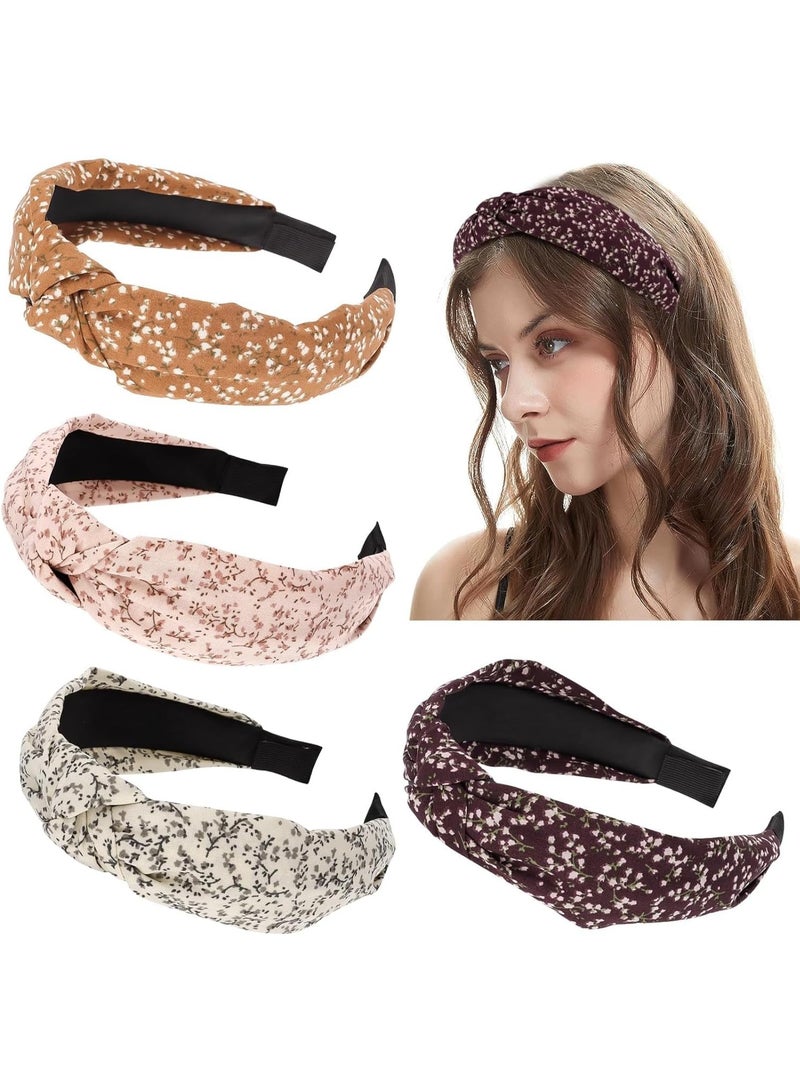 Floral Headbands for Women, 4Pcs Floral Knotted Headbands for Women Fashion, Top Knot Fabric Headbands for Women Trendy Hair Accessories, Wide Flower Printed Hairbands Non Slip - Image 1