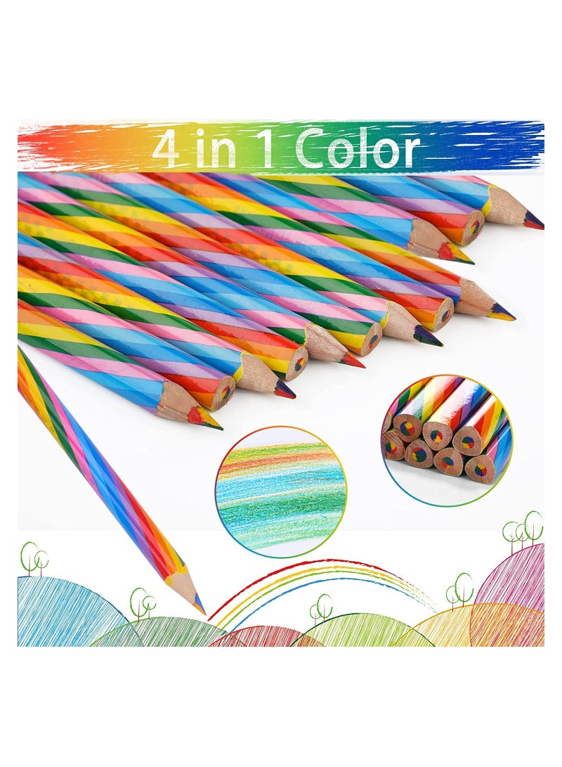 Excefore Rainbow Colored Pencils 12 Pcs 4 Color in 1 Core Pencils Pre-sharpened Wooden Colors Pencil for Coloring Book Drawing and Sketching Triangular Colored Pencils Set for Kids Drawing Pencil  - Image 2