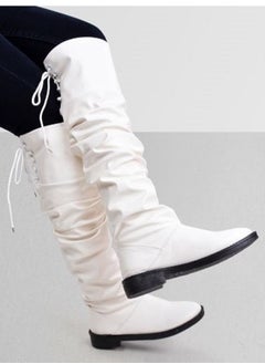 LIFESTYLISH Women Leather Long Boots Tie Back M-70 - White  - Image 2