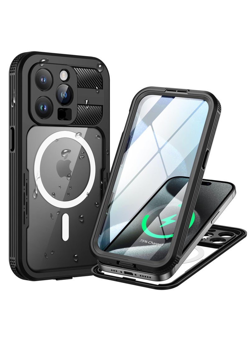 SYOSI iPhone 15 Pro Max Waterproof Case, [Compatible with MagSafe] Heavy Duty Shockproof Dustproof Cover with Screen Protector, Front, and Back Magnetic Case for 15 Pro Max - 6.7 inch (Black) - Image 1