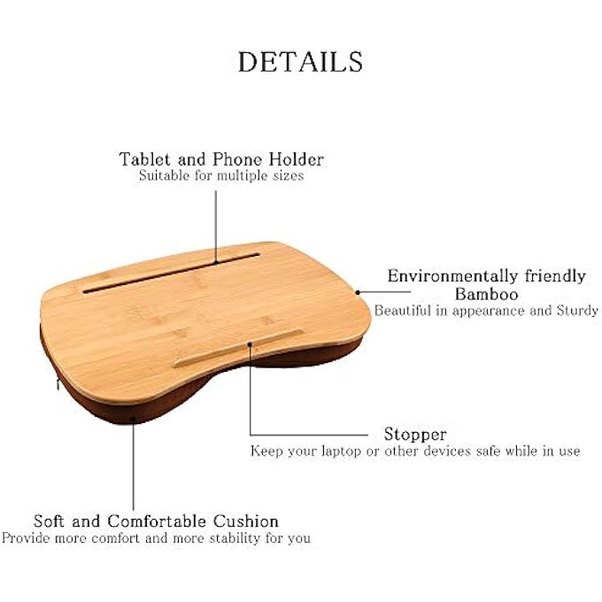 rayihni LAP DESK-PORTABLE LAPTOP TABLE WITH CUSHION BAMBOO PLATFORM M(18.5"X11.8") - Image 3