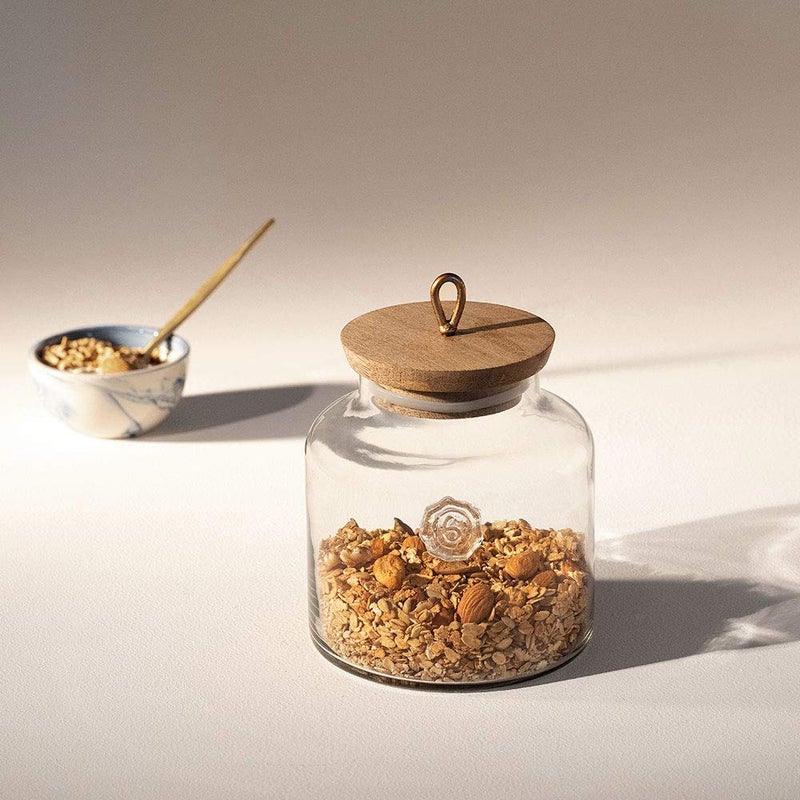 Ellementry Madin Glass Jar With Wooden Lid Measures 5 Inch Length x 5 Inch Width x 7 Inch Height Clear - Image 1