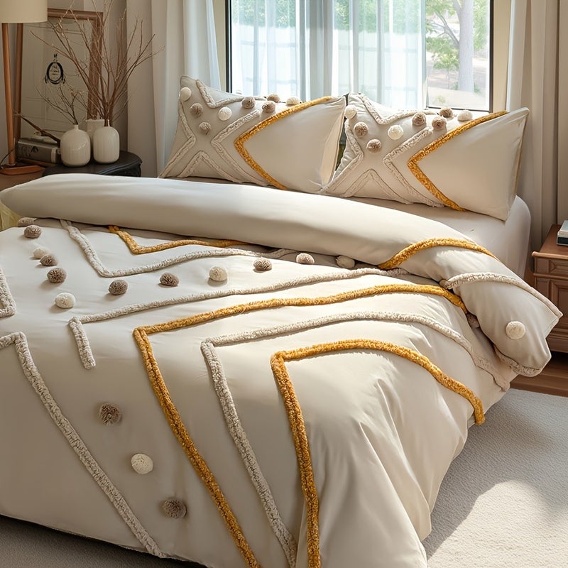 Contrast Color Rhombus Tufted Ball Duvet Cover Set, High-End Ball Design Home Bedding for Guesthouses and Household Bedrooms, All-Season Light Luxury Bedding, Multiple Colors and Sizes Available - Image 2