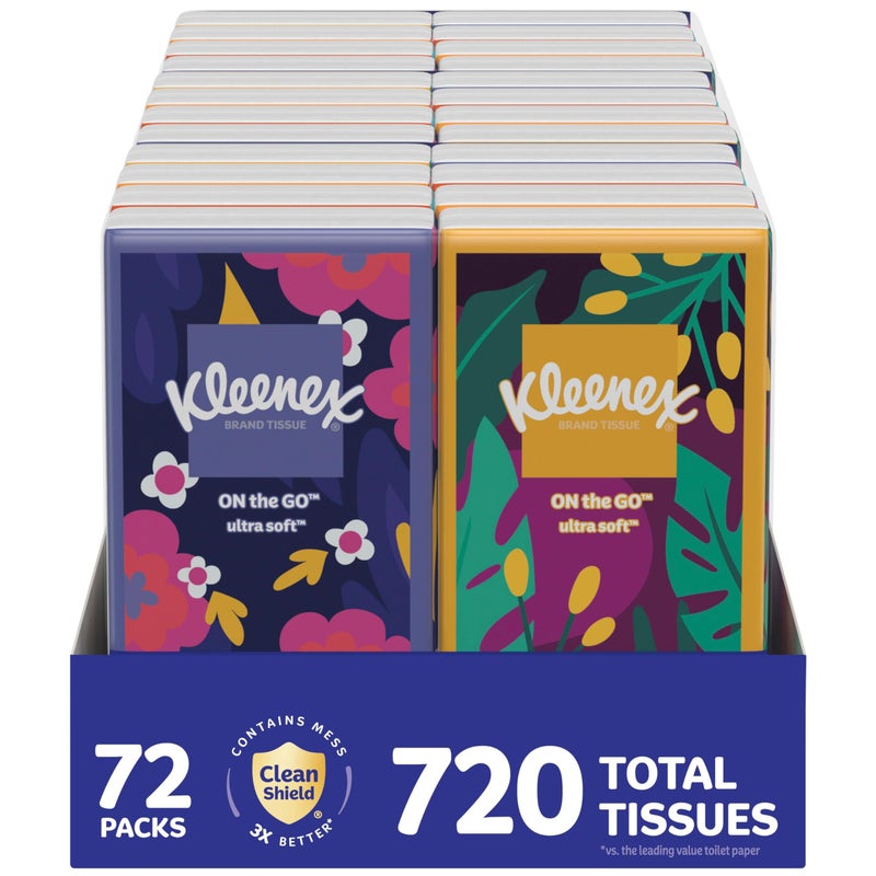 Kleenex On-The-Go Facial Tissues, 72 On-The-Go Packs (3 Trays of 24 Packs), 10 Tissues per Box (720 Total), 3-Ply, Packaging May Vary - Image 1