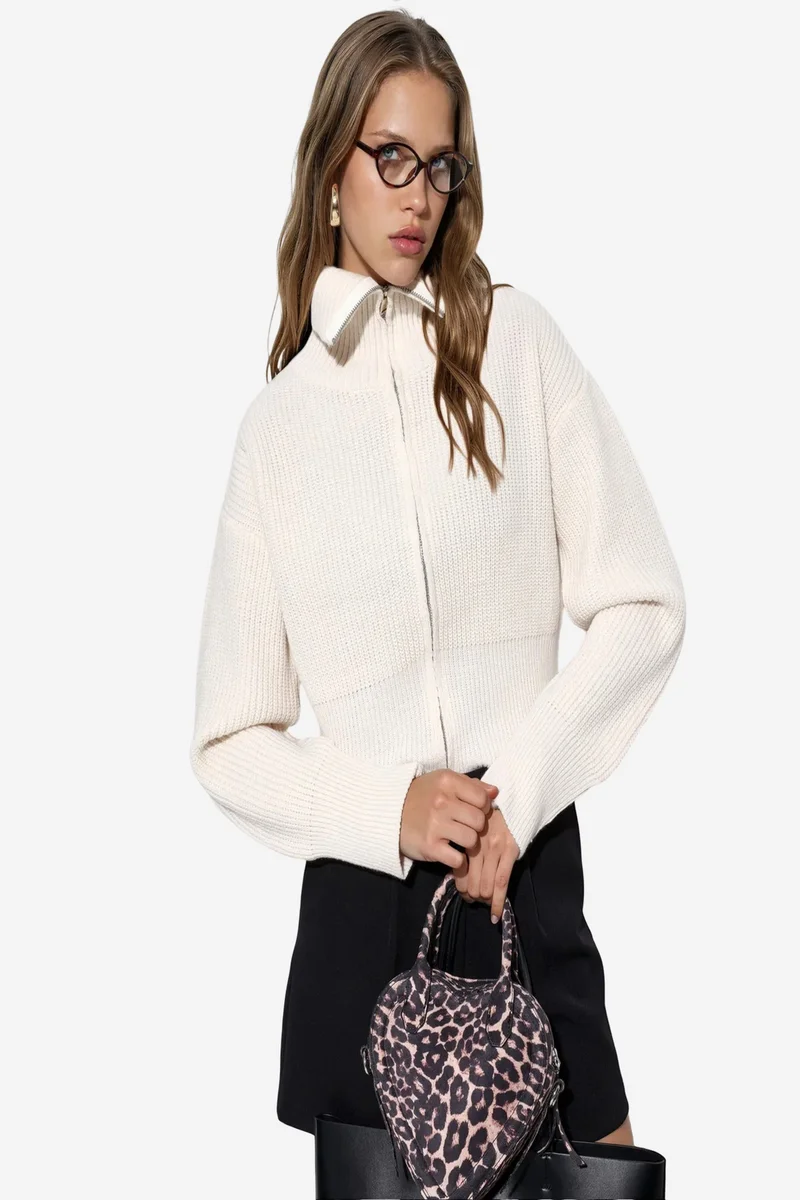 Viorna VIORNA Women’s Cropped Ribbed Zip Cardigan