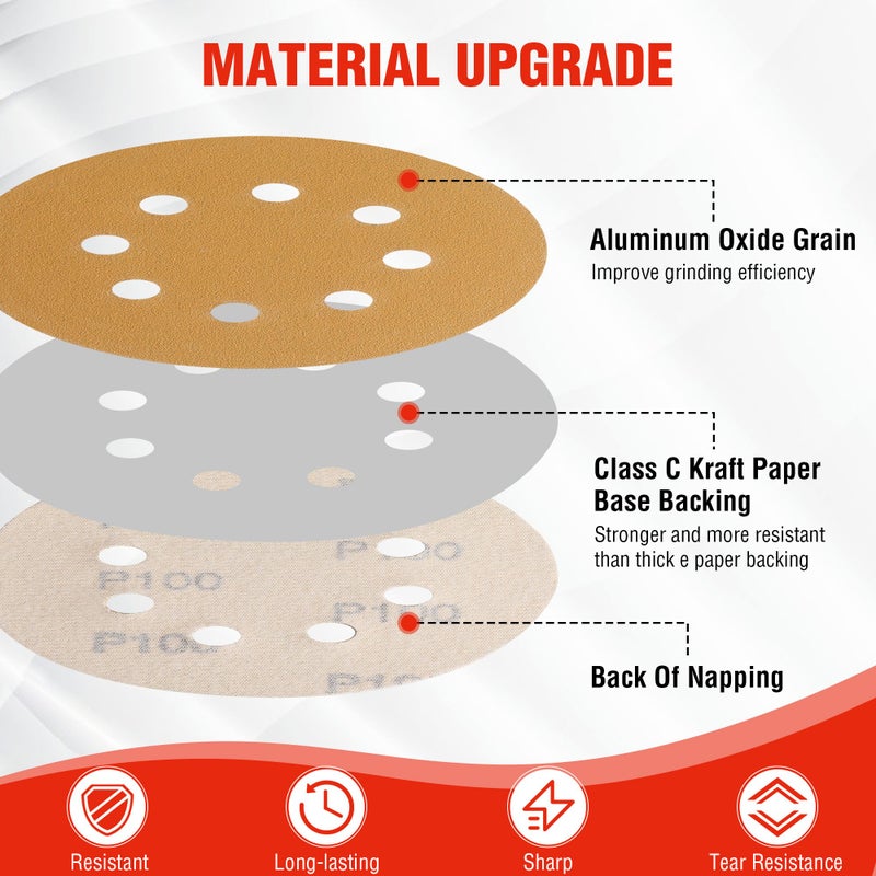 WORKPRO 150-piece Premium Sanding Discs Set, 5" 8 Holes Hook and Loop Sandpaper, 60 80 100 120 150 180 240 320 400 600 Assorted Grits for Random Orbital Sander, Fits Woodworking & Metalworking, Gold - Image 3