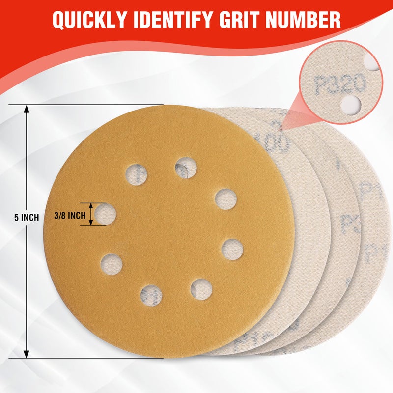 WORKPRO 150-piece Premium Sanding Discs Set, 5" 8 Holes Hook and Loop Sandpaper, 60 80 100 120 150 180 240 320 400 600 Assorted Grits for Random Orbital Sander, Fits Woodworking & Metalworking, Gold - Image 4