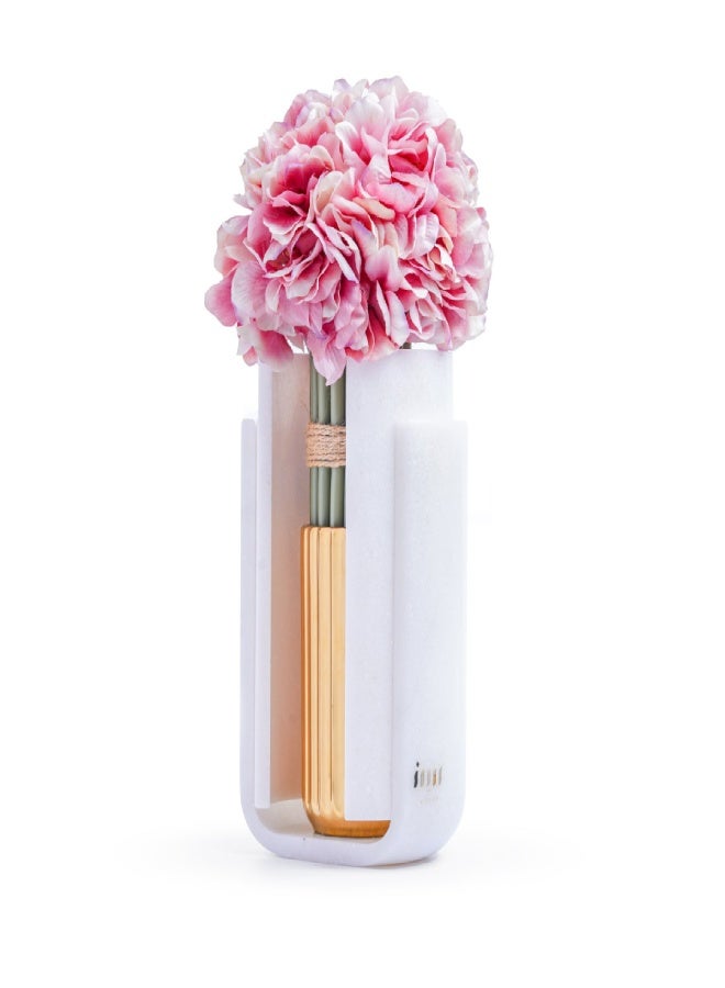 Layers Lora (White Vietnam) Natural Marble Vase Holder with Golden Metal Vase – 23×25×36 cm - Image 1