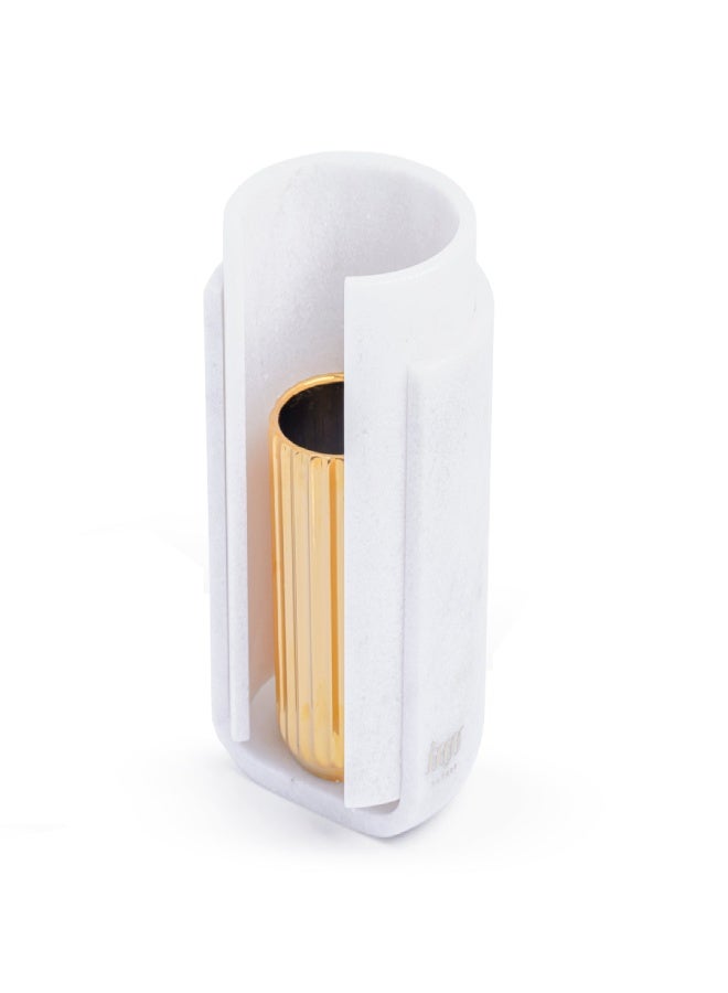 Layers Lora (White Vietnam) Natural Marble Vase Holder with Golden Metal Vase – 23×25×36 cm - Image 2