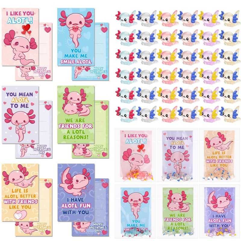 DoubleFill 36 Sets Valentine Axolotl Gifts Sets for Class Axolotl Cards with Mini Toys Glow in The Dark Small Figurines for Valentine School Classroom Exchange Gift Party Favors - Image 3
