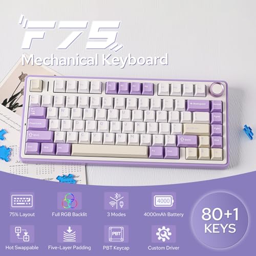 EPOMAKER x Aula F75 Gasket Mechanical Keyboard, 75% Wireless Hot Swappable Gaming Keyboard with Five-Layer Padding&Knob, Bluetooth/2.4GHz/USB-C, RGB (Purple, LEOBOG Reaper Switch) - Image 2