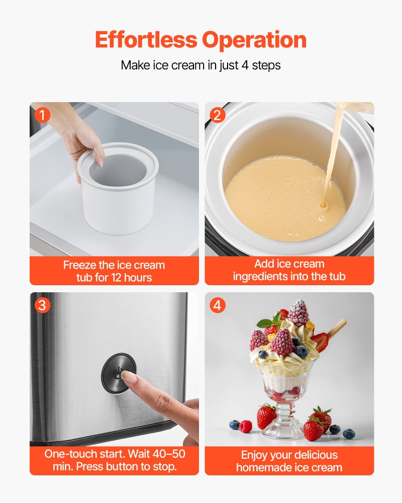 VEVOR Ice Cream Maker, 2.11 Qt. Large Capacity, Electric Automatic Ice-Cream Machine, with Easy Operation & Cleaning, Stainless Steel Shell, for Homemade Frozen Yogurt, Fruit Sorbet, Gelato, Silver - Image 5