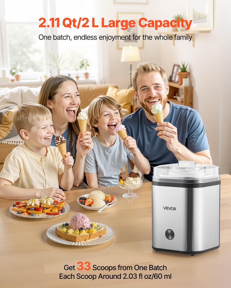VEVOR Ice Cream Maker, 2.11 Qt. Large Capacity, Electric Automatic Ice-Cream Machine, with Easy Operation & Cleaning, Stainless Steel Shell, for Homemade Frozen Yogurt, Fruit Sorbet, Gelato, Silver - Image 2