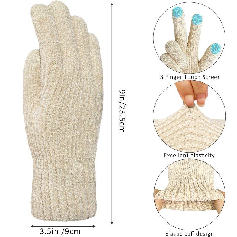 HOPSOOKEN Winter Gloves for Women Chenille Touch Screen Thermal Fleece Knit Warm Elastic Gloves for Cold Weather(Beige) - Image 2