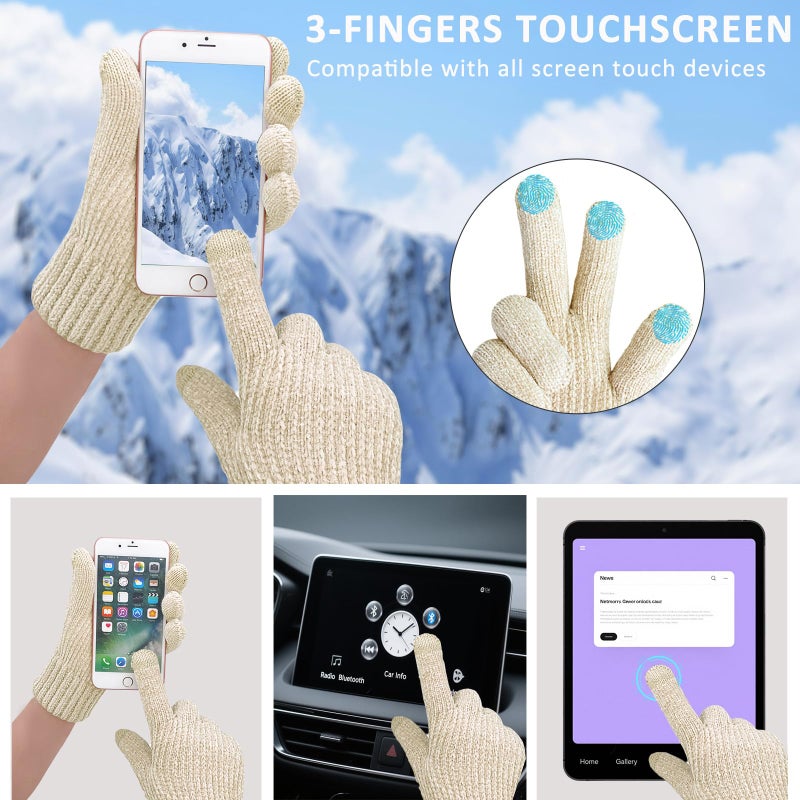 HOPSOOKEN Winter Gloves for Women Chenille Touch Screen Thermal Fleece Knit Warm Elastic Gloves for Cold Weather(Beige) - Image 3
