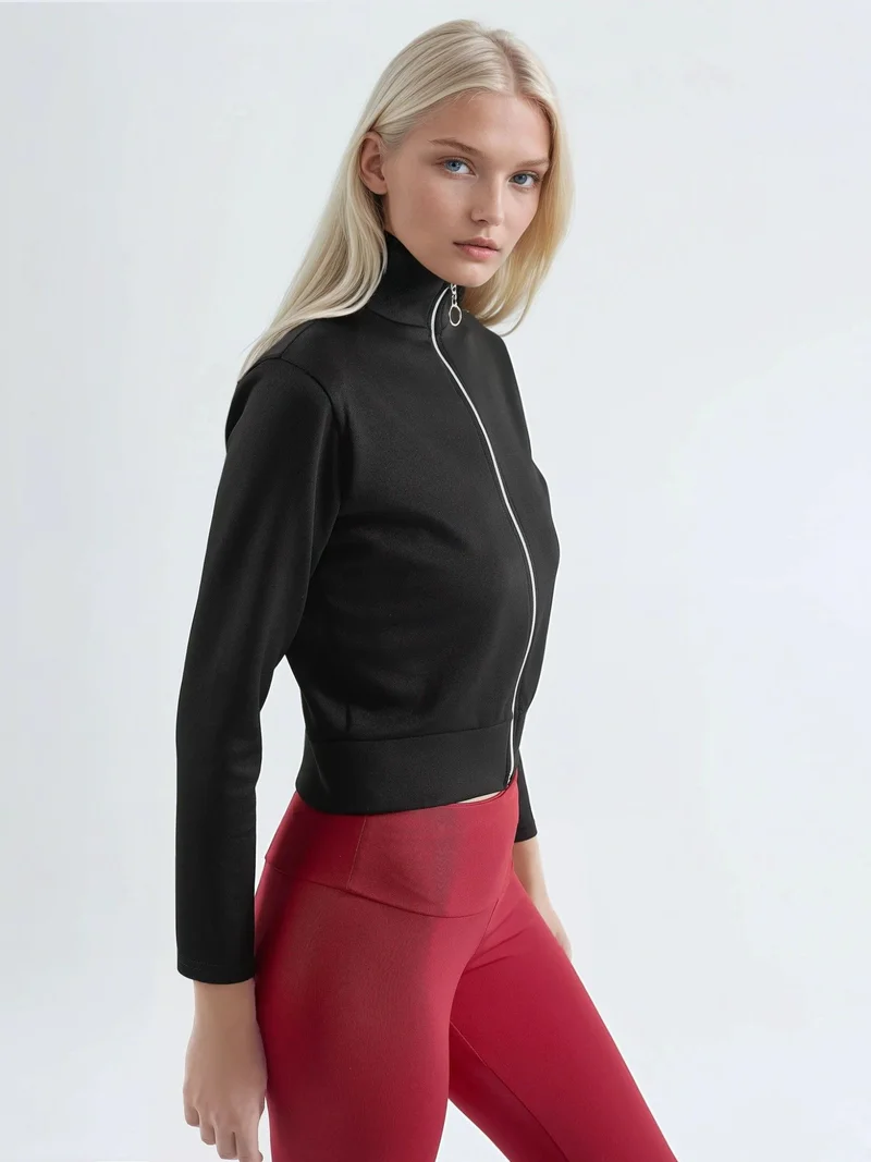 Hiccup Black Zippered Slim Fit Knit Sweatshirt Bersan Collection for Women | Best Price UAE
