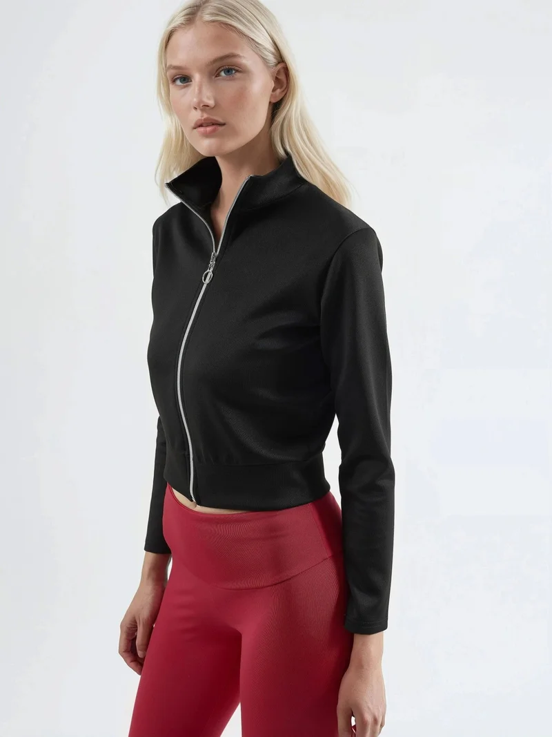Hiccup Black Zippered Slim Fit Knit Sweatshirt Bersan Collection for Women | Best Price UAE