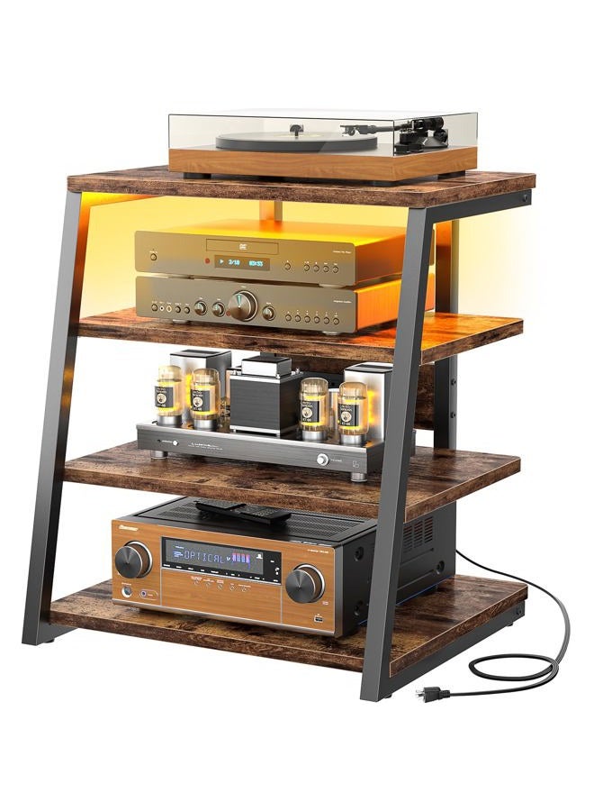 armocity 5-Tier AV Media Stand with Power Strips, Media Console with LED Lights, Audio Tower Rack with Adjustable Shelves, Stereo Stands and Racks, 40.8'', Rustic Brown - Image 1