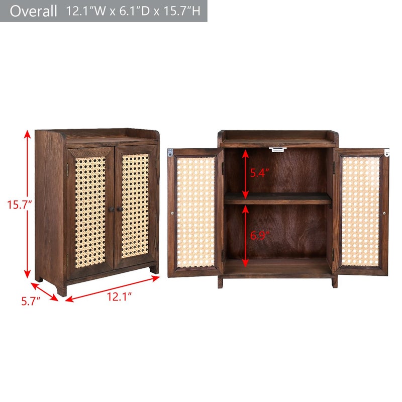 Ikee Design Wooden Countertop Storage Cabinet with Magnetic Rattan Doors, Kitchen Pantry Cabinet with Removable Shelves, Coffee, Snack, Cup Organizer, Dark Brown Color, 12.1W x 6.1D x 15.7H in - Image 2