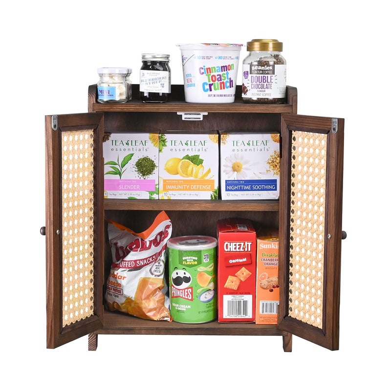Ikee Design Wooden Countertop Storage Cabinet with Magnetic Rattan Doors, Kitchen Pantry Cabinet with Removable Shelves, Coffee, Snack, Cup Organizer, Dark Brown Color, 12.1W x 6.1D x 15.7H in - Image 3