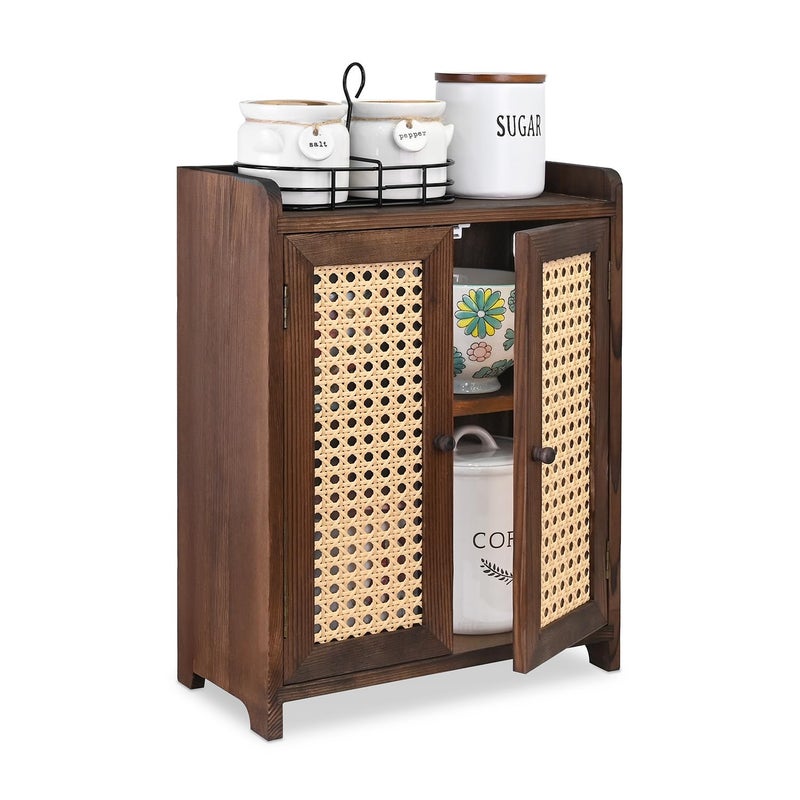 Ikee Design Wooden Countertop Storage Cabinet with Magnetic Rattan Doors, Kitchen Pantry Cabinet with Removable Shelves, Coffee, Snack, Cup Organizer, Dark Brown Color, 12.1W x 6.1D x 15.7H in - Image 1