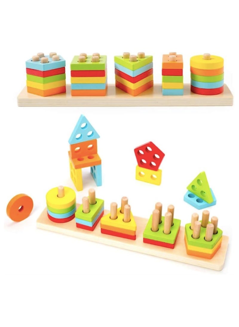 Funny Bunny - Montessori Toys for 1 2 3 Years Old, Wooden Sorting & Stacking Toys for Toddlers 1-3, Education Preschool Toddler Puzzles,5 Shapes toy Best Gift. - Image 1