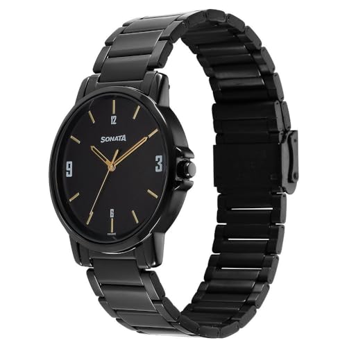 Sonata Essentials Quartz Analog Black Dial Black Stainless Steel Strap Watch for Men - NT77083NM01 - Image 3