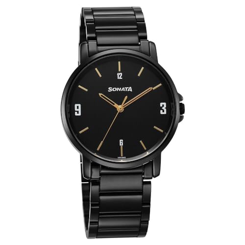Sonata Essentials Quartz Analog Black Dial Black Stainless Steel Strap Watch for Men - NT77083NM01 - Image 1