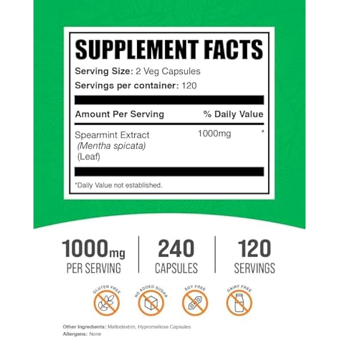BulkSupplements.com Spearmint Extract Capsules - Spearmint Supplement, Herbal Supplement - Vegan, 2 Capsules per Serving, 240 Count (Pack of 1) - Image 2