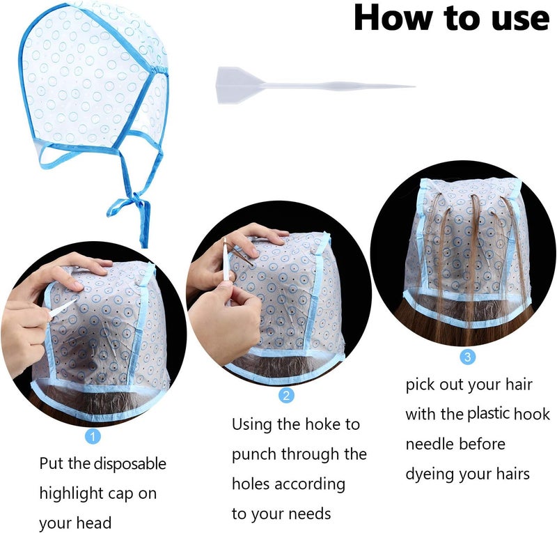 WILLBOND 6 Pieces Tipping Cap Hair Cap Salon Hair Coloring Dye Cap with Plastic Hooks for Dyeing Hair Hairdressing Tool (Blue) - Image 3