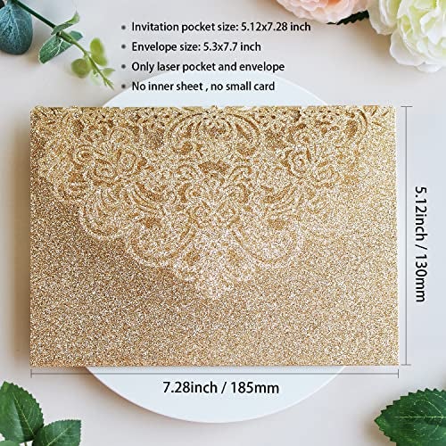 Hosmsua 50PCS Gold Glitter Laser Cut Invitation Pocket, 5.12 x 7.2 Laser Cut Lace Flora Wedding Invitation Pockets with Envelopes for Wedding Engagement Quinceanera Invite (No Inner Sheet) - Image 3