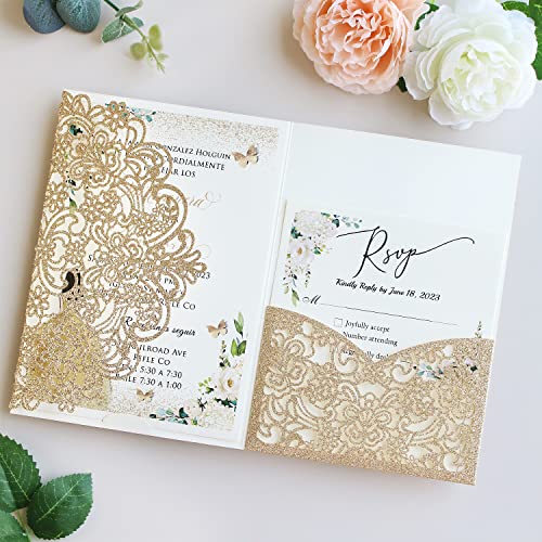 Hosmsua 50PCS Gold Glitter Laser Cut Invitation Pocket, 5.12 x 7.2 Laser Cut Lace Flora Wedding Invitation Pockets with Envelopes for Wedding Engagement Quinceanera Invite (No Inner Sheet) - Image 2