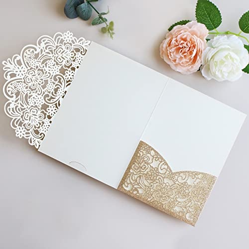 Hosmsua 50PCS Gold Glitter Laser Cut Invitation Pocket, 5.12 x 7.2 Laser Cut Lace Flora Wedding Invitation Pockets with Envelopes for Wedding Engagement Quinceanera Invite (No Inner Sheet) - Image 4
