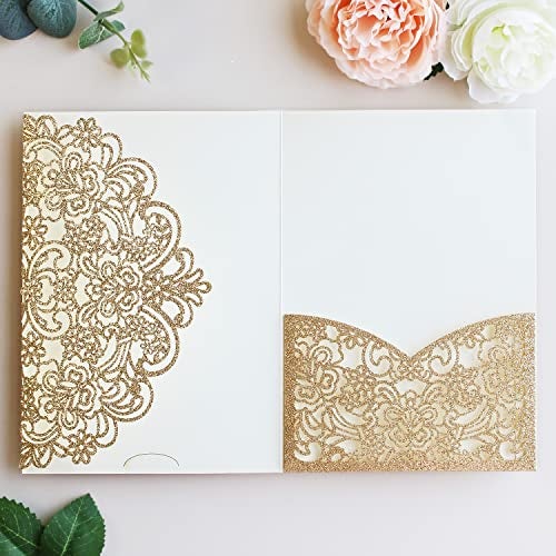 Hosmsua 50PCS Gold Glitter Laser Cut Invitation Pocket, 5.12 x 7.2 Laser Cut Lace Flora Wedding Invitation Pockets with Envelopes for Wedding Engagement Quinceanera Invite (No Inner Sheet) - Image 1