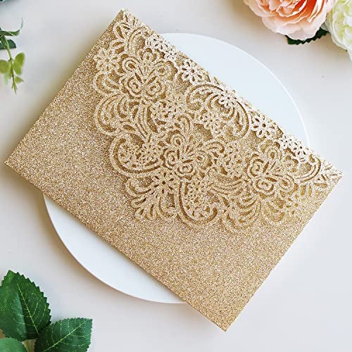 Hosmsua 50PCS Gold Glitter Laser Cut Invitation Pocket, 5.12 x 7.2 Laser Cut Lace Flora Wedding Invitation Pockets with Envelopes for Wedding Engagement Quinceanera Invite (No Inner Sheet) - Image 5